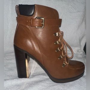 12W Torrid Chunky Heeled Boot in Brown w/ Gold Accents